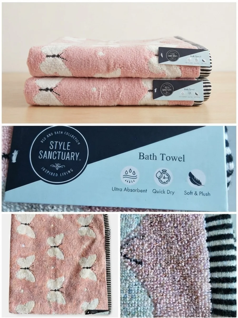 NWT Style Sanctuary Pink Butterfly Bath Towel Set of 2